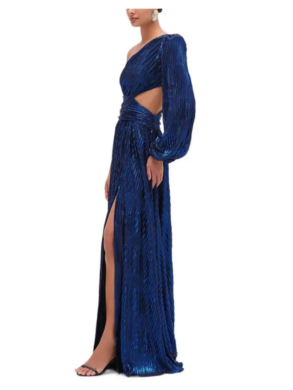 PatBO Metallic Plissé One-Shoulder Gown in Royal Blue